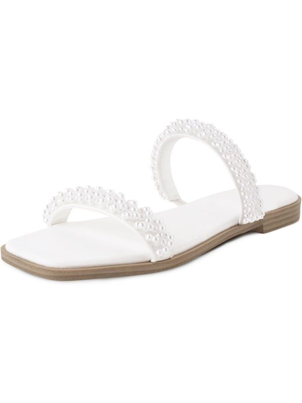 Women's White Summer Pearl Strap Square Open Toe Slip On Flat Slides Sandals